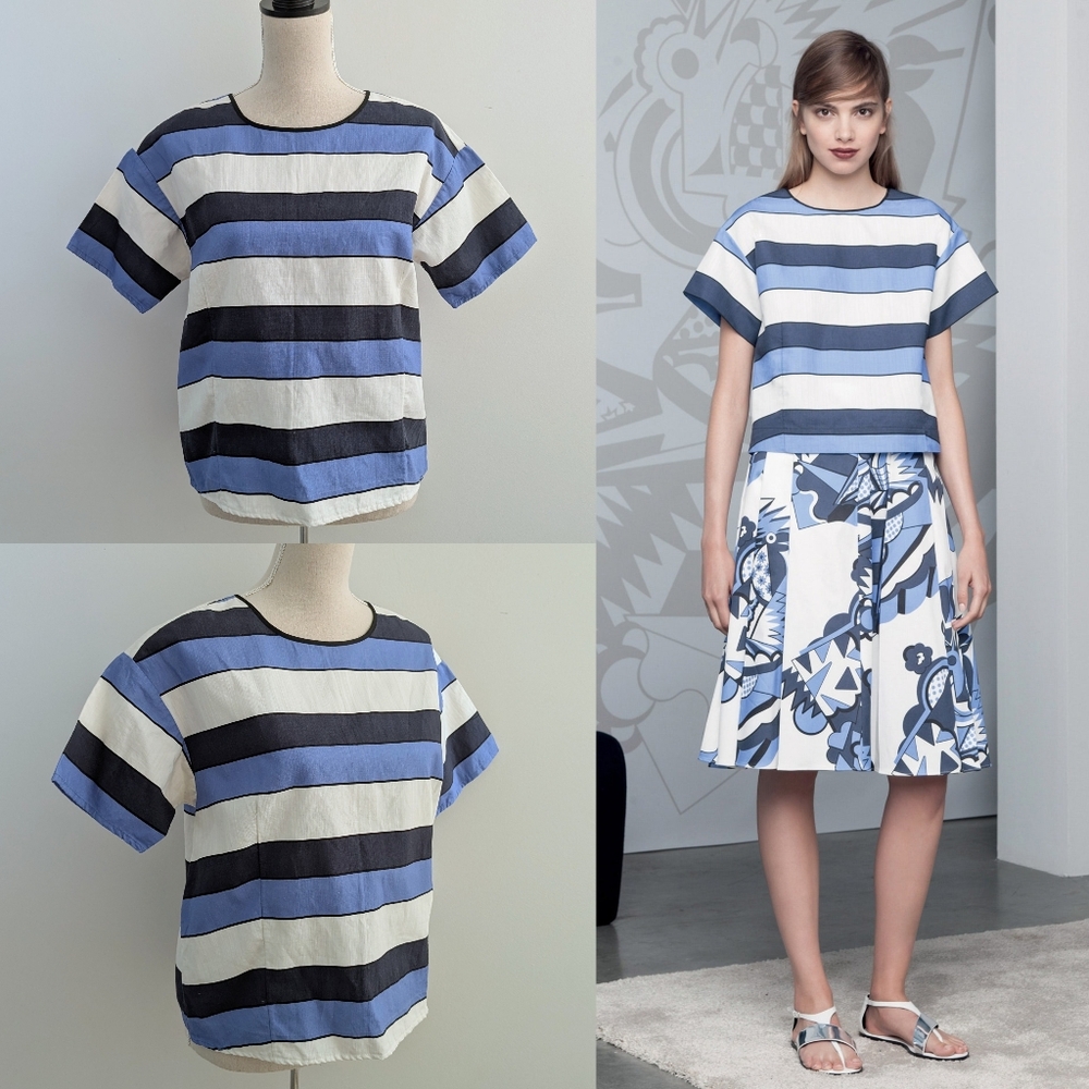 Like New Piazza Sempione Striped Cotton Linen Short Sleeve Top